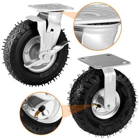 Heavy Duty Pneumatic Caster Wheels 8 Inch 4 Pack with 2 Swivel Brakes and 2 Rigid Rollers for Workbenches, showing detailed tire and mount design.