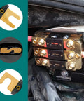 Heavy Duty Gold Plated ANL Fuses 200 Amp 6 Pack For Cars Trucks Boats And Motorcycles, close-up of mounted circuit protection.