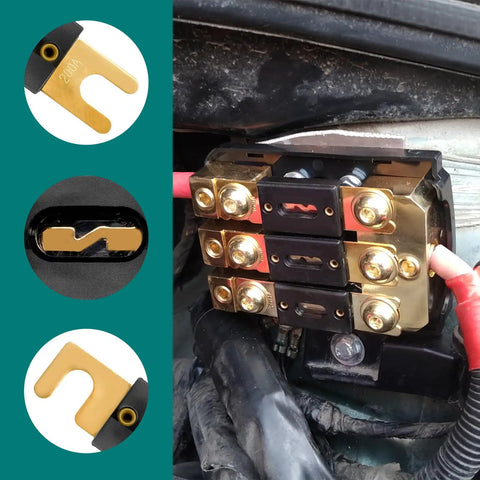 Heavy Duty Gold Plated ANL Fuses 200 Amp 6 Pack For Cars Trucks Boats And Motorcycles, close-up of mounted circuit protection.
