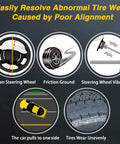 Illustration showing effects of poor alignment: uneven steering wheel, friction ground, steering vibration, uneven tire wear.