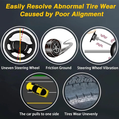 Illustration showing effects of poor alignment: uneven steering wheel, friction ground, steering vibration, uneven tire wear.