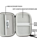Interior of Rugged Hard Shell Thermal Camera Case With Water Resistant Exterior Fits FLIR C5 C3 X FLIR One Pro Seek Reveal XR And Other Infrared Cameras With Built In Wrist Strap And Interior Elastic Straps For Go Anywhere And Scratch Free Protection, showing mesh pouch and elastic straps.