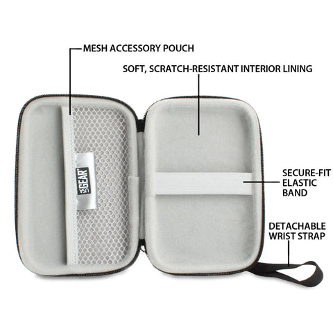 Interior of Rugged Hard Shell Thermal Camera Case With Water Resistant Exterior Fits FLIR C5 C3 X FLIR One Pro Seek Reveal XR And Other Infrared Cameras With Built In Wrist Strap And Interior Elastic Straps For Go Anywhere And Scratch Free Protection, showing mesh pouch and elastic straps.