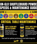 Sun-Glo Shuffleboard Powder speeds and maintenance guide with cleaning and silicone spray steps.