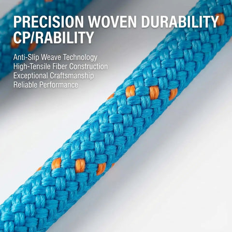 Close-up of Double Braided Arborist Rope 0.55in x 100ft Static Rope 8400 Lbs Breaking Strength, showing blue woven texture.