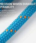 Close-up of Double Braided Arborist Rope 0.55 Inch By 125 Feet Static Rope for Tree Work, blue with orange accents, anti-slip weave.