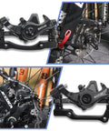 Beefy Aluminum Mountain Bike Disc Brake Caliper With 160Mm Adapter shown installed on a bicycle wheel in close-up view.