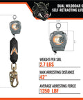 Heavy Duty Six Foot Dual Self Retracting Lifeline With Steel Snap Hook For Construction Fall Protection Harness Tie Off Badass Osha Ansi Certified Built Like A Tank dimensions and weight displayed with detailed specifications.