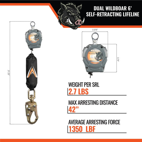 Heavy Duty Six Foot Dual Self Retracting Lifeline With Steel Snap Hook For Construction Fall Protection Harness Tie Off Badass Osha Ansi Certified Built Like A Tank dimensions and weight displayed with detailed specifications.