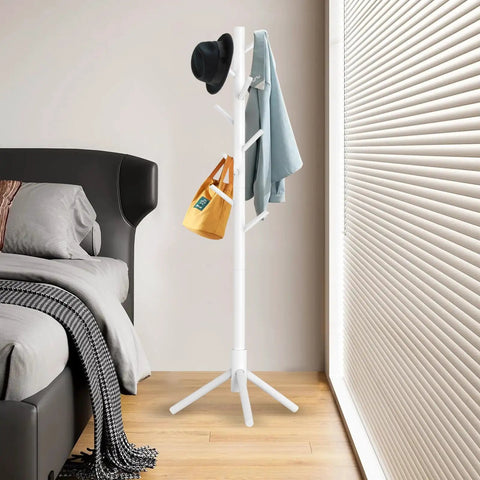 Wooden Coat Rack Stand With Eight Hooks Freestanding Coat Tree With Three Adjustable Heights Your Go To Home Organization Buddy For Hats Coats Scarves And Bags White Finish For Bedroom Entryway Or Office Easy Assembly displayed in bedroom corner