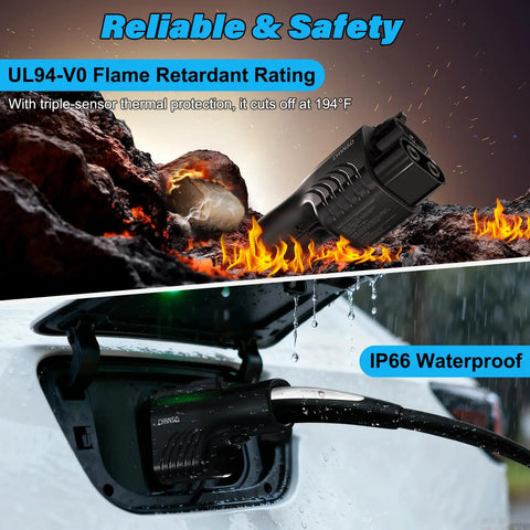 Rugged Nacs To Ccs1 Ev Charger Adapter For Hella Fast Dc Charging Plug And Play Up To Two Fifty Kilowatts, showing safety features in use.