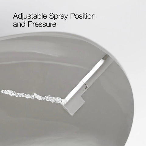 Manual Dual Wand Bidet Toilet Seat with adjustable spray position and pressure, showing white self-cleaning wand in action.