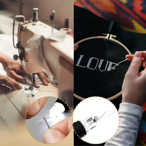 Two Pack LED Needle Threader With Light For Sewing Illuminated Manual Threader With Pinhole Visibility Quick Threading On Sewing Machine Batteries Included Handy Two Piece Sewing Tool Set in use for embroidery and machine sewing