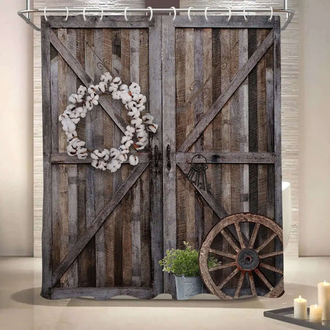Barn Door Shower Curtain With Rustic Wood Plank Print In Vintage Farmhouse Style 60 By 72 Inches Polyester Fabric With 12 Hooks