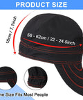 2 Pack Flame Resistant Welding Caps For Men And Women, black and red reversible cotton with elastic, size details shown
