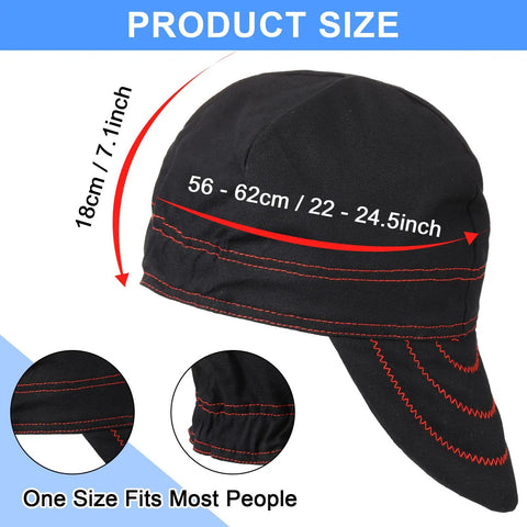 2 Pack Flame Resistant Welding Caps For Men And Women, black and red reversible cotton with elastic, size details shown