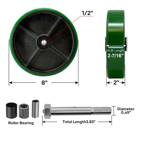 Heavy Duty Cast Iron Caster Wheels With Polyurethane Tread And Half Inch Bore Roller Bearing, 8 inch diameter, parts with dimensions.