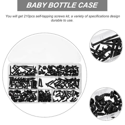 210 Pieces Black Carbon Steel Cross Head Self Tapping Screws With Washers M3 To M4.8 Assortment Kit in plastic case