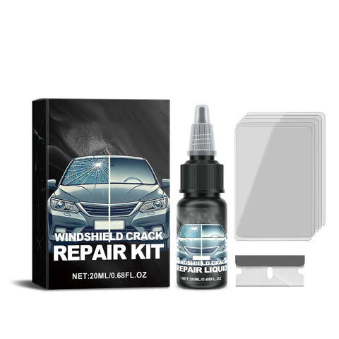 Windshield Crack Repair Kit with Advanced Repair Liquid, box with 20ml bottle, film, and blade for fixing cracks and chips in glass