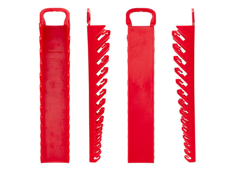 Red Stubby Wrench Holder for 14 Tools, Fits 6-19 mm Stubby Combination Wrenches, Nonslip Grippers, Durable Wall Mount Organizer, front view.
