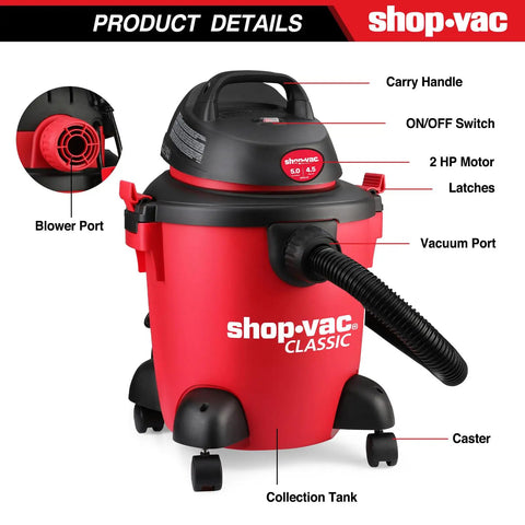 All In One 5 Gallon 4.5 HP Wet Dry Vacuum With Attachments For Home Garage Car And Workshop Portable Heavy Duty Vacuum 3 In 1 Suction Blower Function For Home Projects, showing vacuum with labeled parts such as blower port and carry handle