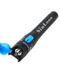 Front view of SinLoon Visual Fault Locator, black handheld fiber optic tester with blue flip cap and blue switch.
