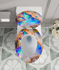Toilet Seat Resin for Bathroom, round design 14.5" x 18.5" featuring colorful abstract pattern, installed on a standard toilet.