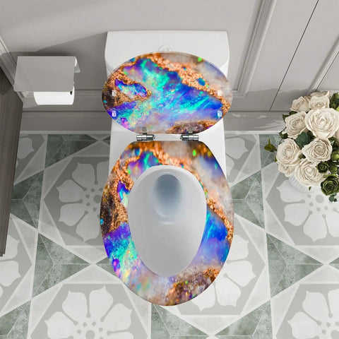 Toilet Seat Resin for Bathroom, round design 14.5" x 18.5" featuring colorful abstract pattern, installed on a standard toilet.