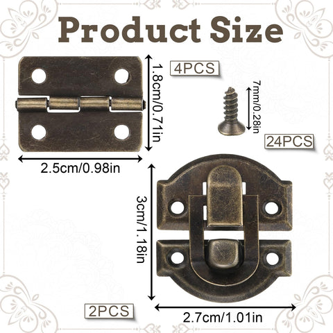 Antique Bronze Jewelry Box Hinges And Latches Set For Wooden Boxes With 2 antique hasps, 4 small hinges, and 24 screws