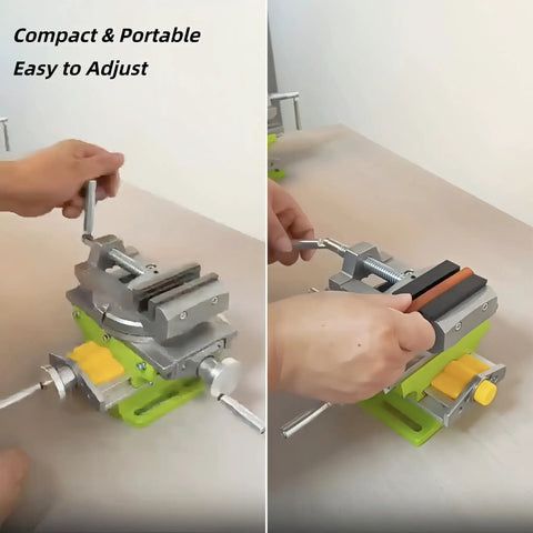 Cross Slide Drill Press Vise With 2 Way X Y Travel Benchtop Clamp showing hands adjusting rotary table and angle scale.