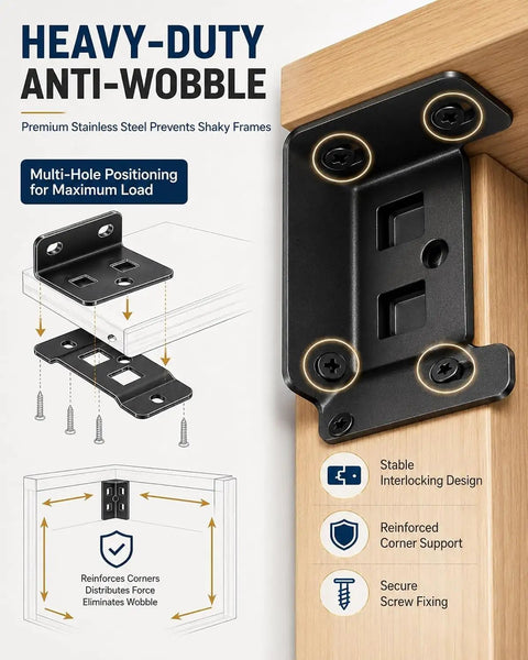 Beefy Heavy Duty L Shaped Furniture Bracket Set with 2 in 1 Locking Insert shown mounted on wood corner