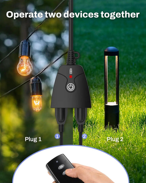 Outdoor Wireless Remote Control Outlet Kit Weatherproof Heavy Duty Power Strip with Dual 3 Prong Outlets shown in garden use
