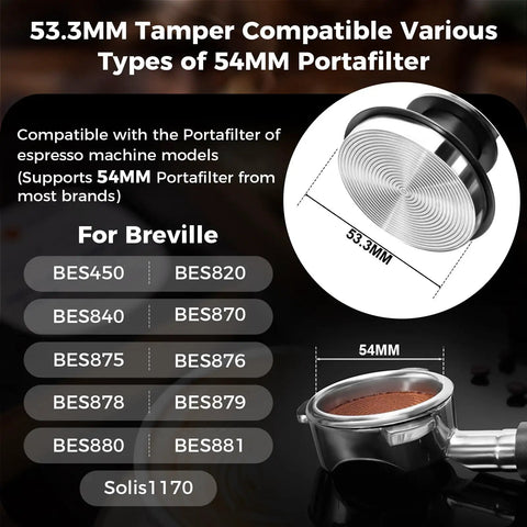 Diagram and compatibility list for 53.3mm tamper with 54mm portafilter, featuring Breville models BES450-BES881, Solis1170
