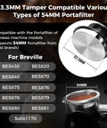 Top Shelf Espresso Barista Gear Featuring 54 Mm Stainless Steel Tamper Fits Breville Portafilters, showing 53.3mm measurement.