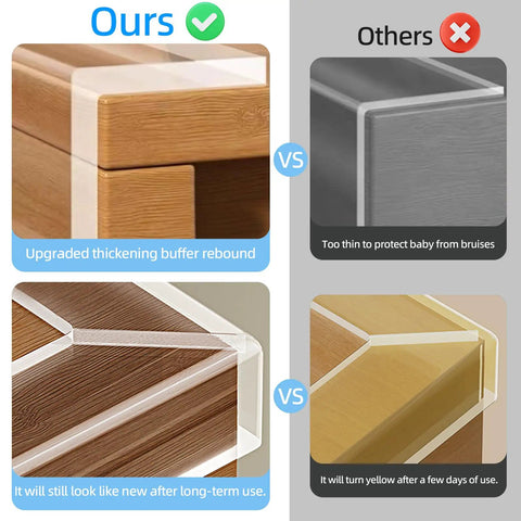 Comparison of Straight Up Protection Ninja Soft Clear Edge Corner Protectors against thinner alternatives on furniture corners.