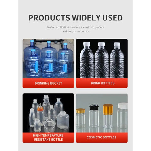 Heavy Duty Pet Stretch Blow Molding Machine For Household Containers Quick Mold Change System Smooth Swap Design producing various bottle types.
