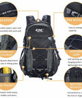 Waterproof Hiking Backpack For Men And Women, Lightweight Day Pack For Travel And Camping, 40L, Black, with detailed features.