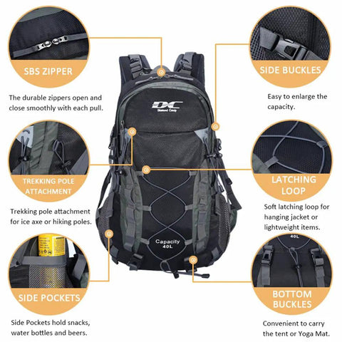 Waterproof Hiking Backpack For Men And Women, Lightweight Day Pack For Travel And Camping, 40L, Black, with detailed features.