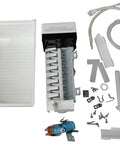 Spark Proof Ice Maker Assembly Kit For Refrigerators Fits Whirlpool 1993 To Current Models Plug N Play Easy Install Replacement AP7179124 PS16660327 W11510803 Kit components laid out on white background