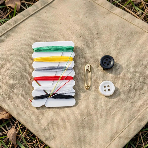 Go-To 200 Piece Mini Travel Sewing Repair Kit with threads, buttons, and a safety pin on a fabric surface.