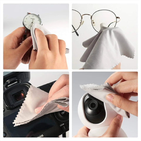 18-pack microfiber cleaning cloths for glasses and cameras; collage shows wiping a watch, glasses, Canon camera, and lens.