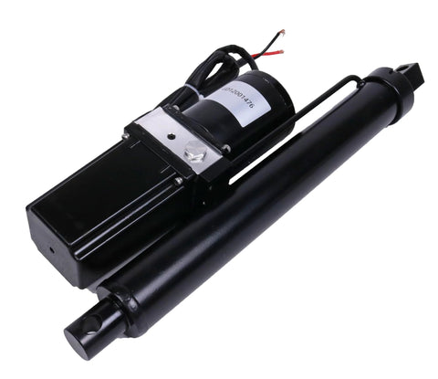 JEENDA 12V hydraulic electric linear actuator, side view, 12-inch stroke, black housing with mounting bracket
