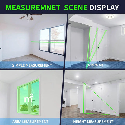 Green Laser Measuring Tool With Handy Angle Sensor 4 Way Rotating Color LCD Vibration Alert Up To 328 Feet Range Auto Screen Rotation For Easy Reading From Any Angle in room measurement display