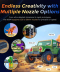 Fast 3D Printer AD5M With 1 Click Auto Calibration CoreXY showing nozzle options with green toy jeep and filament samples