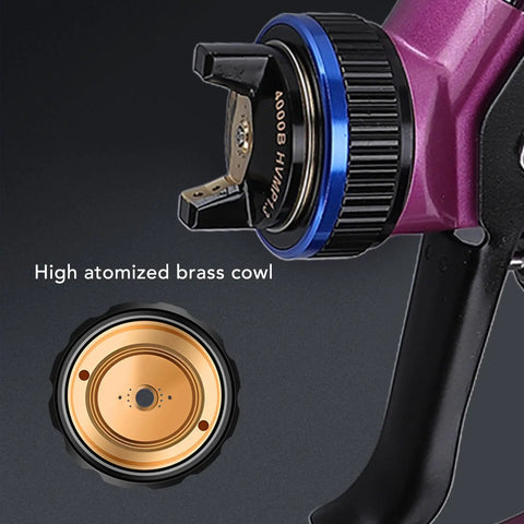 Professional HVLP Paint Sprayer Kit Featuring One Point Three Mm Tip And Six Hundred Ml Cup, close-up of high atomized brass cowl.