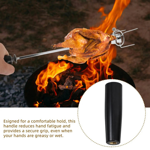 BBQ grill with revolving handle knob grip for BBQ grills and woodworking tools, chicken on skewer over flame.