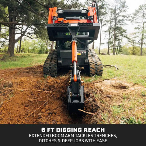 Skid Steer Fronthoe Attachment With 14 Inch Bucket And Bolt On Backhoe Thumb for Bobcat Loaders, 6 ft Dig Depth in action