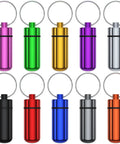 10 Pack Portable Aluminum Pill Case With Keychain, Waterproof Airtight Metal Mini Box in 10 colors for outdoor camping travel.