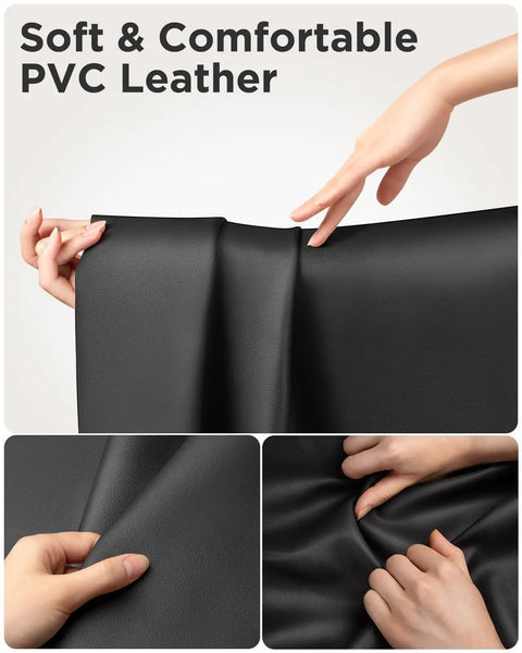 Hands touching soft PVC leather material of Go To Adjustable Laptop Bed Tray Table With Storage Drawer Fits 17 Inch Laptop.