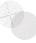 Center finder templates, clear 10-inch rounds in flexible acrylic with white and black print for drawing circles.